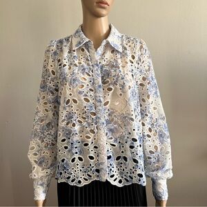 Caroline Constas White Lace Cut out Embroidered Long Sleeve Button Up Blouse S